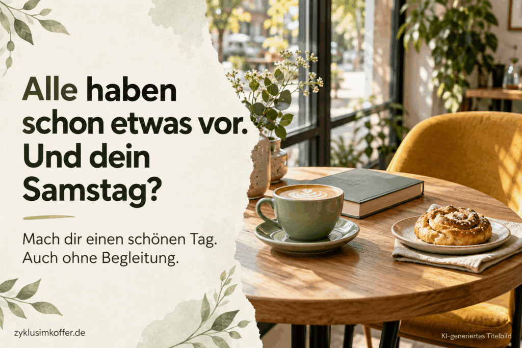 Ein einzelner Caféplatz mit Cappuccino, Gebäck und Buch. Auf dem Titelbild steht: „Alle haben schon etwas vor. Und dein Samstag? Mach dir einen schönen Tag. Auch ohne Begleitung.“