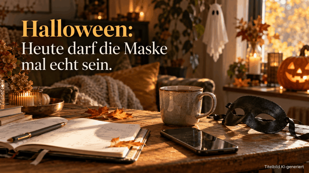 Herbstlicher Schreibtisch mit kaltem Tee, aufgeschlagenem Kalender, Kürbis und schwarzer Maske. Der Schriftzug lautet: „Halloween: Heute darf die Maske mal echt sein.“ Unten rechts steht „Titelbild KI-generiert“.
