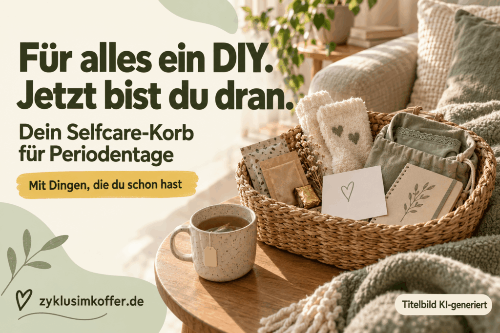 Selfcare-Korb für Periodentage mit Kuschelsocken, Unterwäsche, Notizbuch und einer Tasse Tee daneben. Aufschrift: „Für alles ein DIY. Jetzt bist du dran.“