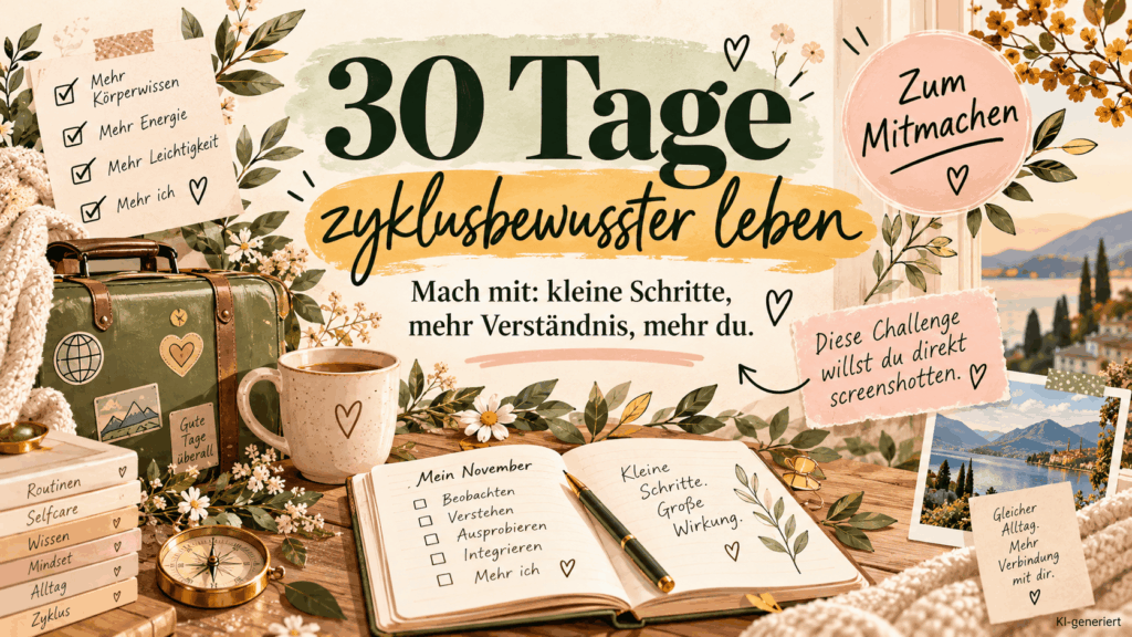 Kopieren Titelbild zur 30-Tage-Challenge für zyklusbewussteres Leben mit Checkliste, Notizbuch, Koffer und der Aufschrift „30 Tage zyklusbewusster leben“.