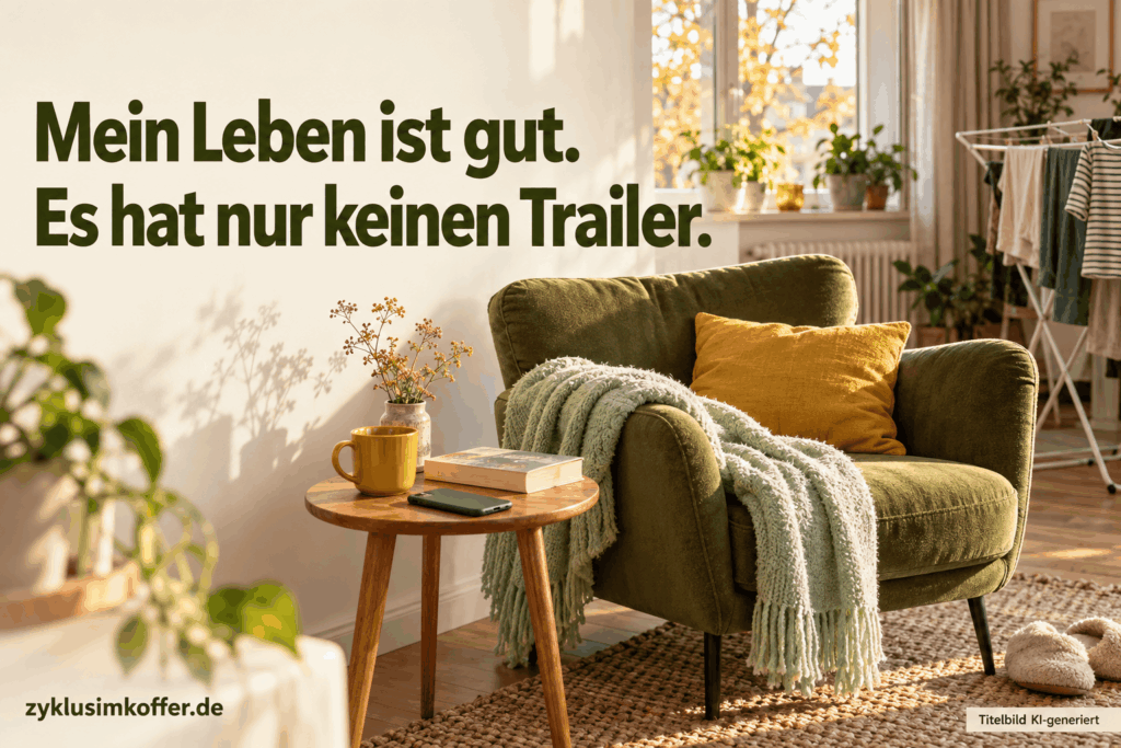 KI-generiertes Bild eines sonnigen Wohnzimmers mit olivgrünem Sessel, Decke, Kaffeetasse, Buch und Wäscheständer. Aufschrift: „Mein Leben ist gut. Es hat nur keinen Trailer.“