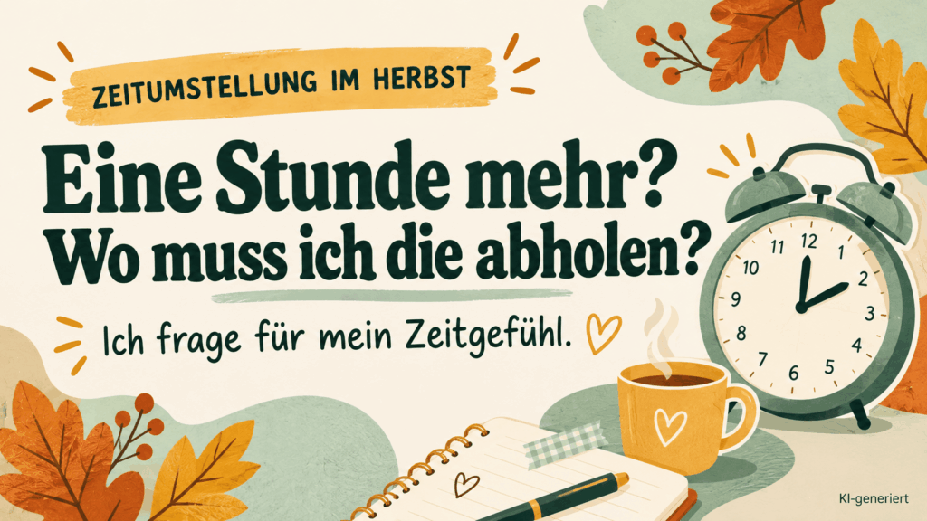 Illustrative Herbstgrafik mit Wecker, Teetasse und der Frage „Eine Stunde mehr? Wo muss ich die abholen?“