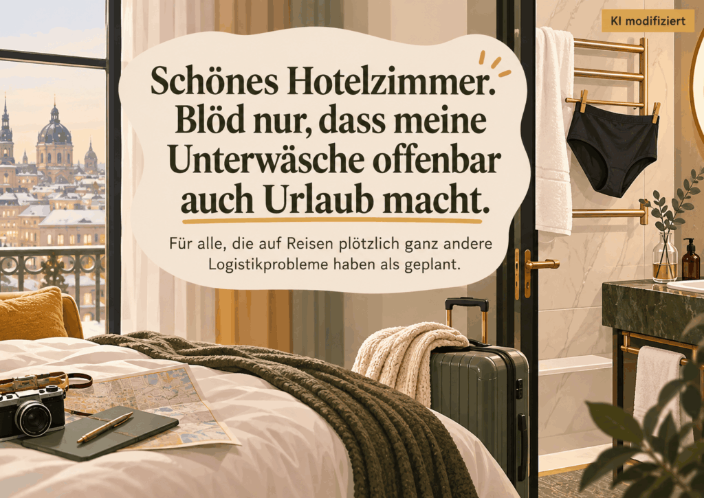 Illustration eines gemütlichen Hotelzimmers in Wien mit Koffer, winterlichem Stadtblick und schwarzer Periodenunterwäsche am Handtuchhalter. Auf dem Bild steht: „Schönes Hotelzimmer. Blöd nur, dass meine Unterwäsche offenbar auch Urlaub macht.“ Oben rechts der Hinweis „KI modifiziert“.