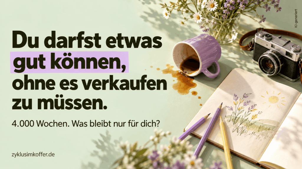 Titelbild mit umgekippter Kaffeetasse, Kamera, Buntstiften und Skizzenbuch auf pastellgrünem Hintergrund. Statement: „Du darfst etwas gut können, ohne es verkaufen zu müssen.“