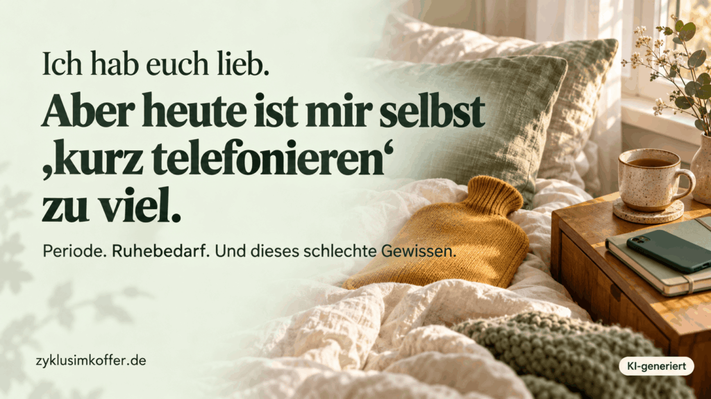 Gemütliches Bett mit Wärmflasche, Tee und umgedrehtem Handy. Aufschrift: „Ich hab euch lieb. Aber heute ist mir selbst ‚kurz telefonieren‘ zu viel.“