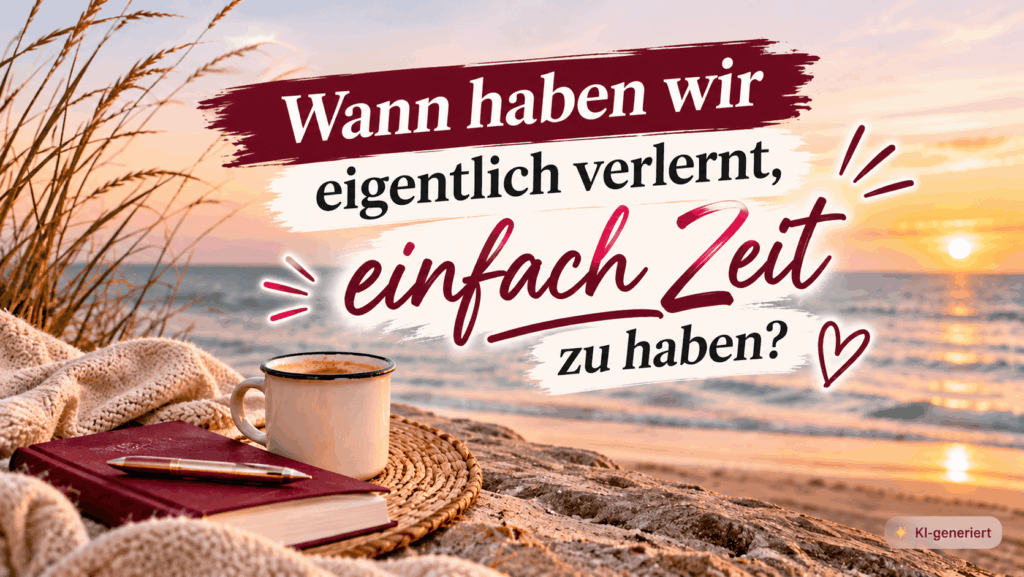 llustratives Titelbild in Bordeaux und warmen Strandfarben mit Kaffee, Notizbuch und Pinselstrichen; zentraler Schriftzug ‚Wann haben wir verlernt, einfach Zeit zu haben?‘, unten rechts kleiner Hinweis ‚KI-generiert‘.
