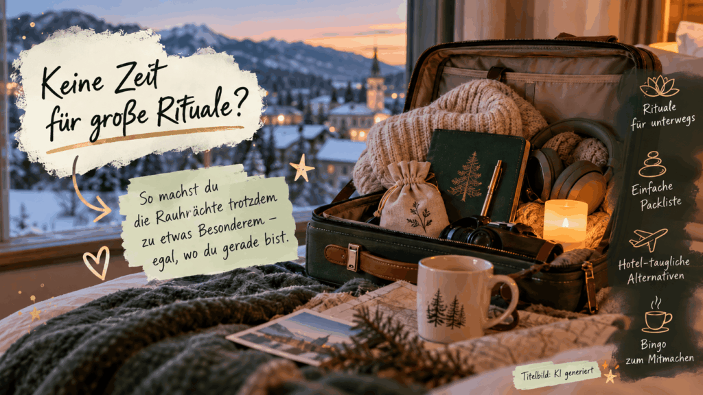 Gemütliches Hotelzimmer mit geöffnetem Koffer, LED-Kerze und Journal vor verschneiter Winterlandschaft. Titelbild zum Rauhnächte-Reiseguide mit Ritualen, Packliste und Bingo.