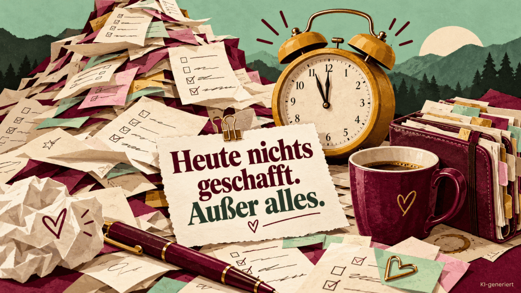 Humorvolle Illustration mit einem Berg aus To-do-Listen, einem Wecker und einer Kaffeetasse. Auf einer Karte steht: „Heute nichts geschafft. Außer alles.“