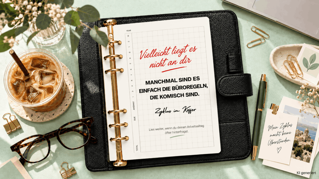 Humorvolles Titelbild über zyklusbewusstes Arbeiten mit schwarzem Lederplaner, Eiskaffee und Büroaccessoires auf mintgrünem Hintergrund. Auf dem Planer steht: „Vielleicht liegt es nicht an dir. Manchmal sind es einfach die Büroregeln, die komisch sind.“ Daneben eine Karte mit dem Spruch „Mein Zyklus macht keine Überstunden.“